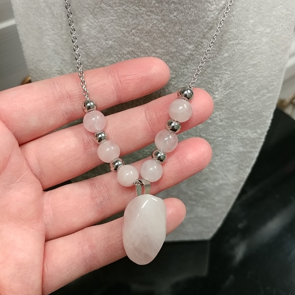 Rose Quartz Necklace Natural Gemstone Crystal Pendant Stainless-Steel Chain - Picture 3 of 16